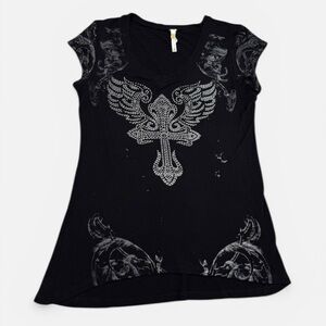 Affliction Inspired ‘Ocasion’ Cyber Grunge Embellished Cross T-Shirt in Black M